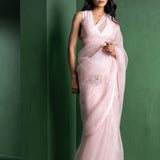 Piggy Pink Silk Organza Saree With Sequins Work