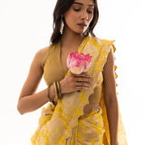 Bright Yellow Viscose Jacquard Saree With Scallop Border