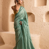 Pale Teal Chanderi Saree With Zari Stripes