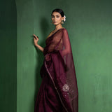 Wine Berry Silk Organza Saree With Embroidery Design