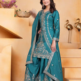 Teal Blue Embroidered Crepe Sharara Set