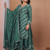 Dark Green Floral Embroidered Silk Sharara Set