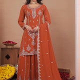 Dark Orange Floral Embroidered Georgette Sharara Set