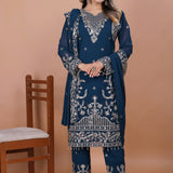 Dark Teal Blue Floral Embroidered Georgette Kurta Set