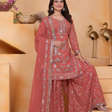 Coral Pink Georgette Embroidered Sharara Set