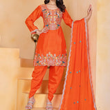 Orange Floral Embroidered Silk Kurta Set