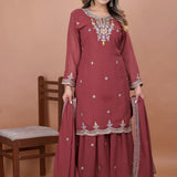 Earthy Brown Georgette Embroidered Sharara Set