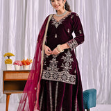 Wine Velvet Embroidered Sharara Set