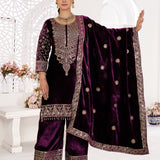 Dark Wine Velvet Embroidered Kurti Set