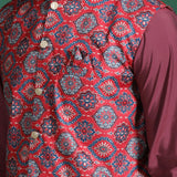 Red Cotton Blend Kurta Set With Printed Nehru Jacket