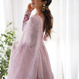 Baby Pink Organza Floral Printed Anarkali Set