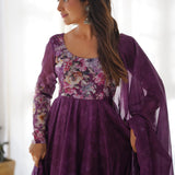 Pale Wine Organza Floral Printed Anarkali Set