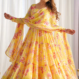 Bright Yellow Georgette Floral Printed Anarkali Set
