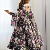 Matte Black Organza Floral Printed Anarkali Set