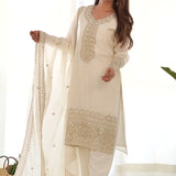 Off White Silk Embroidered Kurta Set