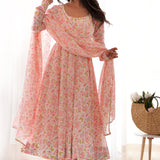 Light Peach Organza Floral Printed Anarkali Set