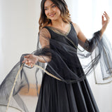 Coal Black Chanderi Solid Anarkali Set
