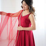Vintage Maroon Chanderi Solid Anarkali Set