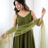 Mehndi Green Chanderi Solid Anarkali Set