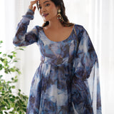 Ocean Blue Organza Floral Printed Anarkali Set