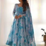 Sky Blue Organza Floral Printed Anarkali Set