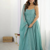 Pastel Blue Silk Embroidered Anarkali Set