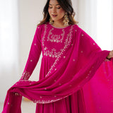 Dark Pink Chanderi Embroidered Anarkali Set