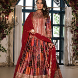 Maroon Satin Printed Lehenga Set