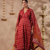 Maroon Cotton Printed Kurti Set
