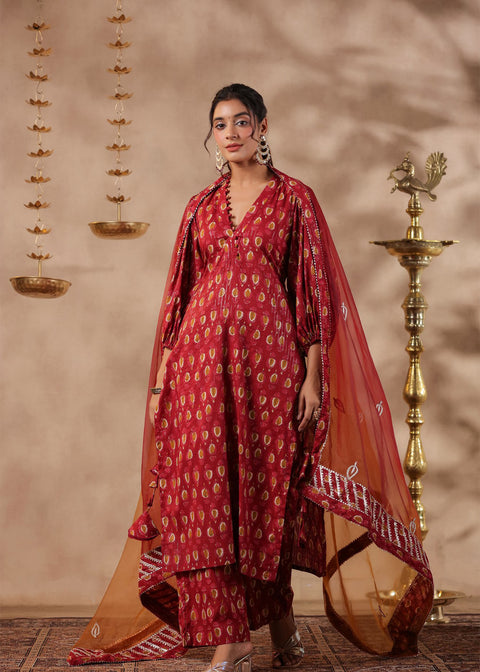 <img> Maroon Cotton Printed Kurti Set