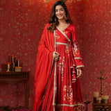 Bright Red Chinon Floral Printed Anarkali Set