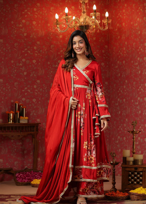 <img> Bright Red Chinon Floral Printed Anarkali Set