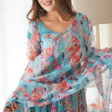 Azure Blue Organza Floral Printed Anarkali Set