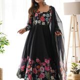 Crayon Black Organza Floral Printed Anarkali Set