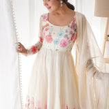 Light Cream Organza Floral Printed Anarkali Set