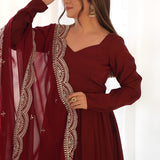 Blood Maroon Chanderi Solid Pattern Anarkali Set