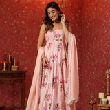 Soft Pink Chinon Floral Printed Anarkali Set