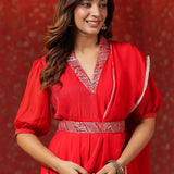 Scarlet Red Crepe Belt Draped Solid Dupatta Dress