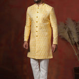 Light Yellow Cotton Blend Printed Sherwani Set