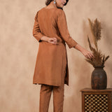 Chocolate Brown Russian Silk Embroidered Kurti Set