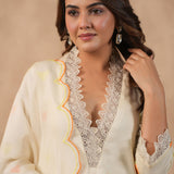 Off White Russian Silk Embroidered Kurti Set