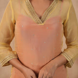Pastel Orange Organza Subtle Embroidered Kurti Set
