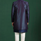 Navy Blue And White Jacquard Sherwani Set