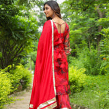 Rose Red Organza Abstract Printed Sharara Set