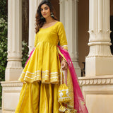 Solid Yellow Cotton Silk Sharara Set