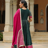Dark Green Cotton Silk Gotta Work Anarkali Set