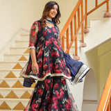 Dark Night Blue Organza Floral Sharara Set