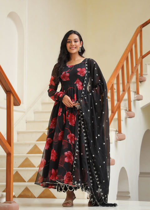 <img> Night Black Chiffon Floral Printed Anarkali Set