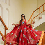 Valentia Red Organza Floral Printed Anarkali Set