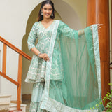 Mint Green Cotton Mughal Printed Sharara Set